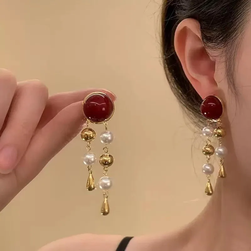 Kuss Schmuck Koreanische Mode Ankela Rote Imitation Perle Quaste Ohrringe für Frauen Vintage Elegante INS Rote Perlen Tropfen Ohrring