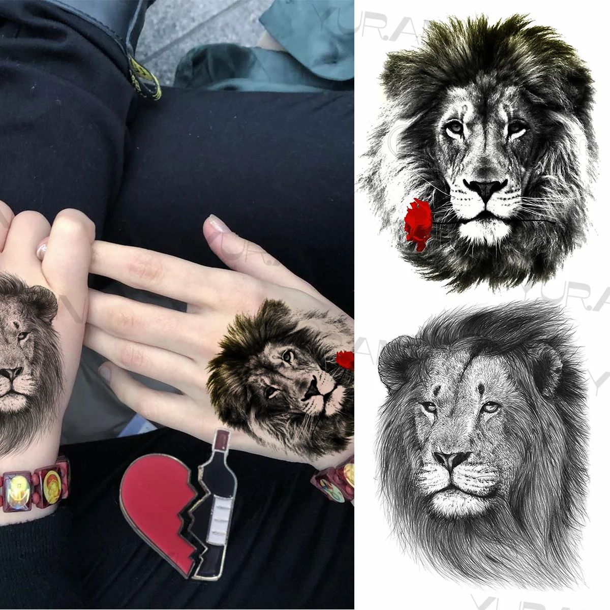 Black Lion Temporary Tattoos For Women Men Realistic Tiger Geometric Rose Flower Fake Tattoo Sticker Arm Body Tatoos Armband