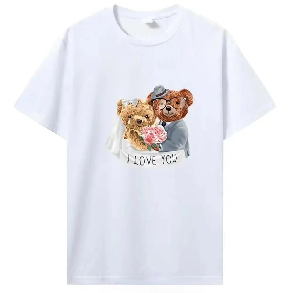 Printed bear fashion casual men\'s summer 100% cotton T-shirt short sleeve top loose crew neck bottom shirt fashion casual solid