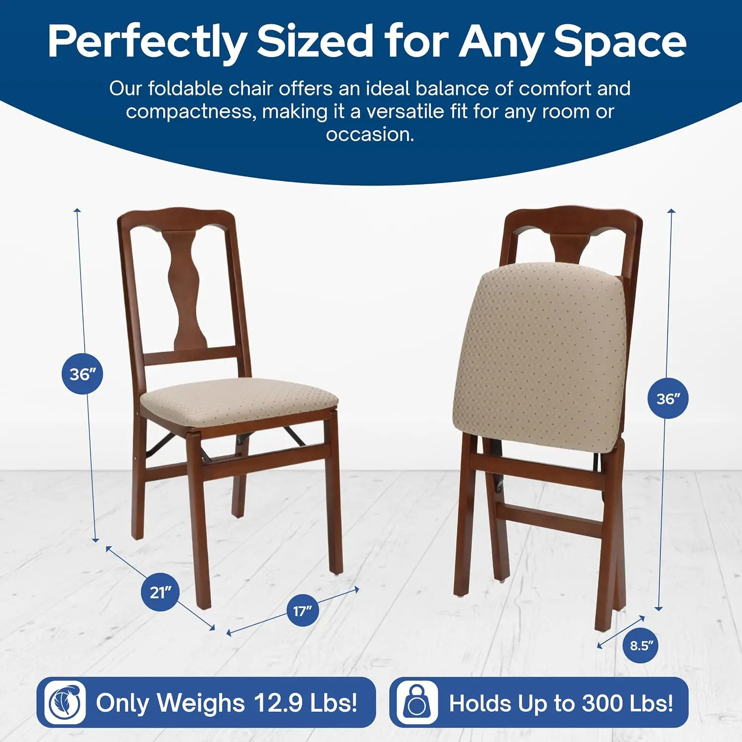 Wooden Folding Dining Chairs Set, Padded Seat Kitchen Side Chairs With Steel Mechanism For Dining Room Living Room Apartment, Classic Traditional Style, Cherry Brown, Two Pieces