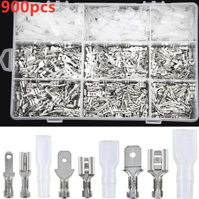 900Pcs/Set Insulated Electrical Wire Crimp Terminals 2.8/4.8/6.3mm Spade Connectors Assortment Kit with Box