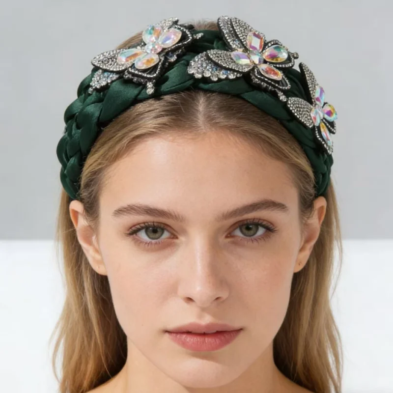 Handmade Vintage Weaving Diamond Butterfly Wide Edge Hair Hoop Headband Women Luxury Party Hair Accessories Hair Styling Tools