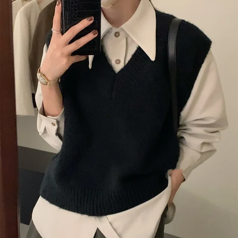 Women Knit Office Sweater Vest Loose Casual Pullovers Vest Bottoming Solid Sweater Vest For Women 2023 Autumn Winter