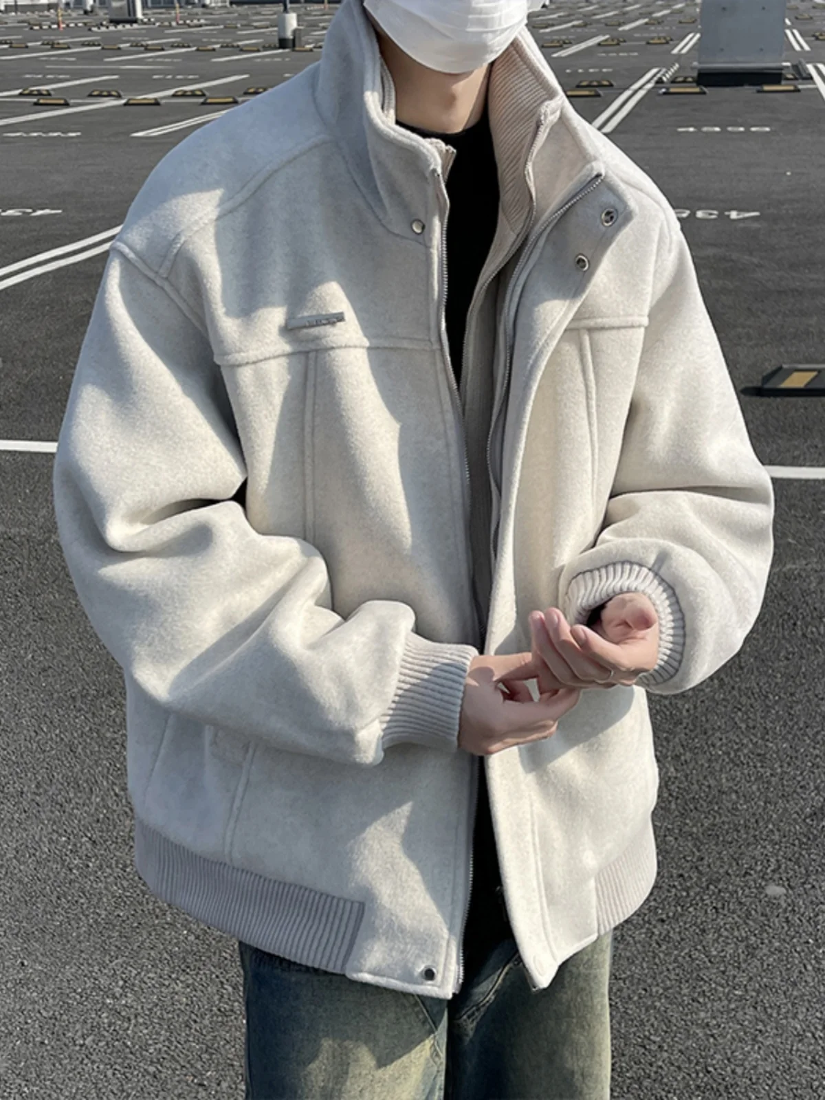 Men's Pilot Style Stand Collar Jacket Autumn Spring Loose Fit Woolen Baseball Coat Trendy Outerwear Zipper Closure Long Sleeve