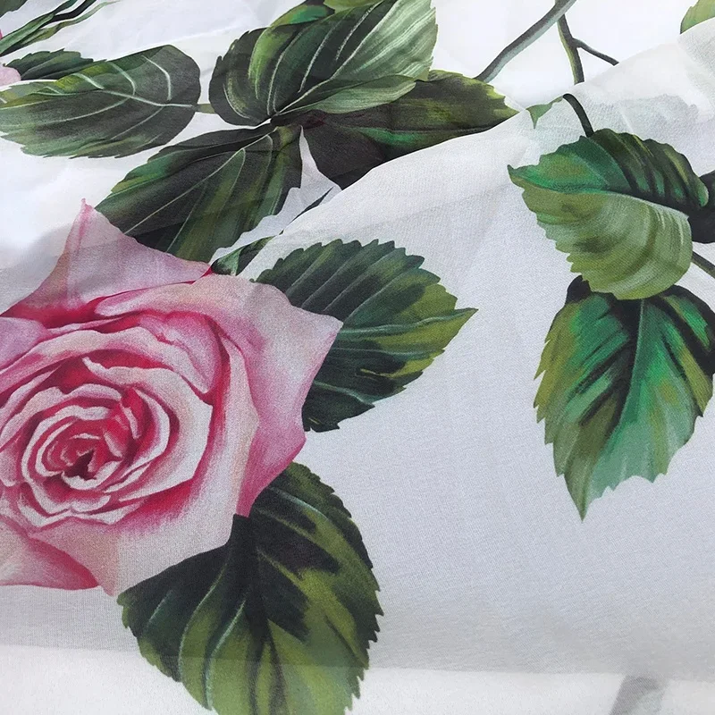 White rose logo imitation silk chiffon dress fabric per yard digital printing thin transparent design sewing clothing material