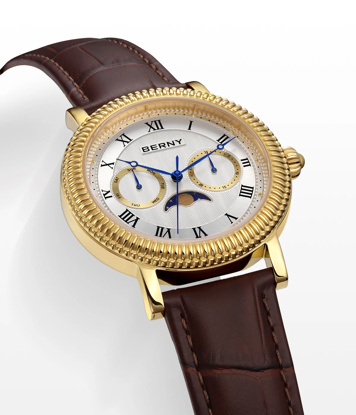 BERNY Uhren für Herren, Luxus-Kleidermarke, Business, Gold, Quarz, echte Monde, Herrenuhr, S/S, Saphir, Kalender, Mondphase-Armbanduhr – Detail 3