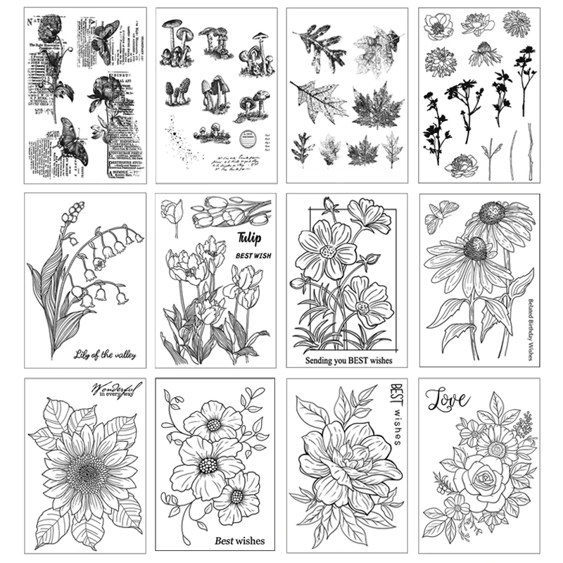 Originate Retro Sketch Flowers Clear Stamp Scrapbooking Photo Album Card Making Clear Stamps Supplies Silicone Seals Scrapbook