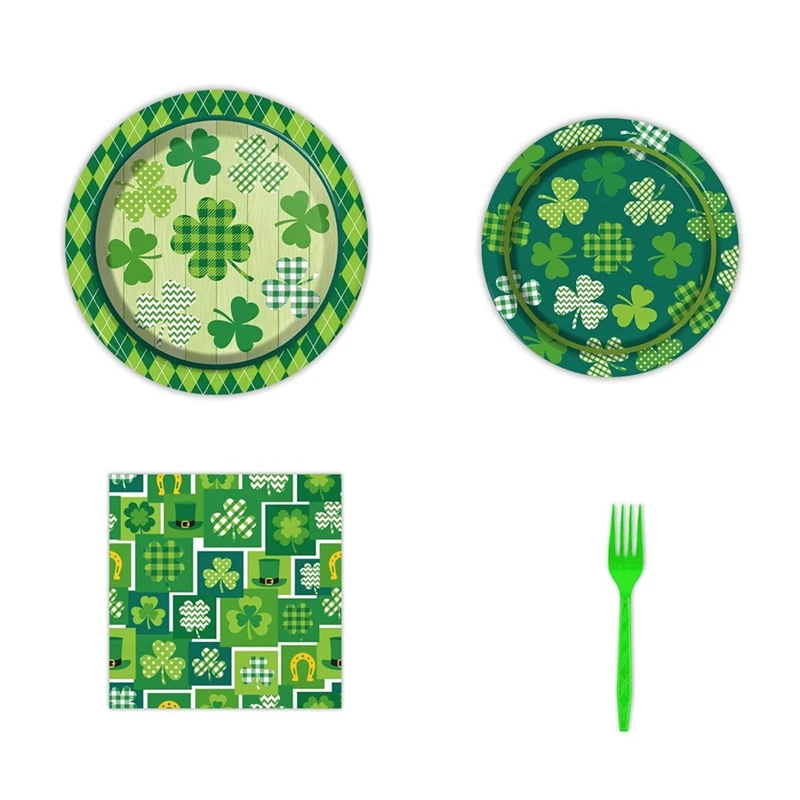 96 Pcs St. Patrick's Day Dinnerware Set Lucky Green Shamrock Plates Irish Holiday Party Dinnerware Set For 24 Guests Durable