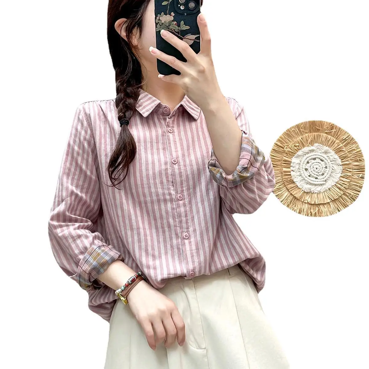 New Spring Cotton Yarn Casual Long Sleeve Shirt Women Lapel Striped Top Girl Loose Fashion Retro Blouses 2024 Summer T45856QM