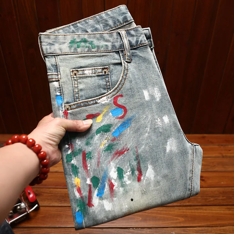 Broken hole retro jeans men's summer trend fashionable nostalgic classic street ruff handsome slim fit small leg denim pants