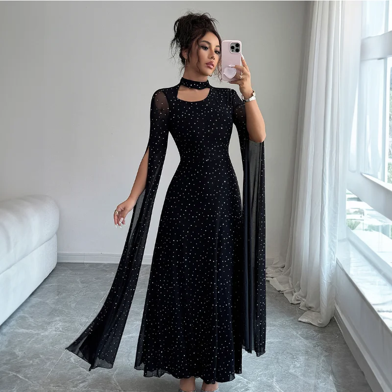 

Осень-зима 202, женское платье с круглым вырезом и развевающимися рукавами, элегантное модное черное облегающее длинное платье в горошек
