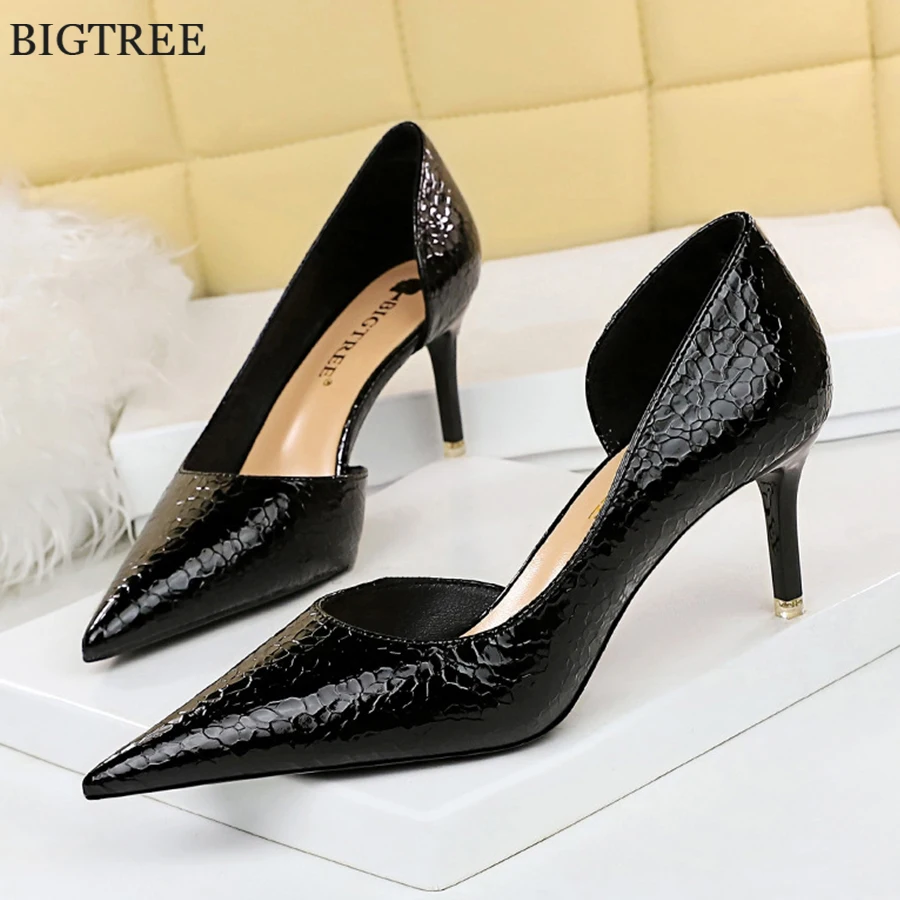 

Black Stone Pattern Sexy Shallow Women Shoes 2024 Autumn Pointy Toe Fashion Side Hollow Party High Heels 7CM Female Pumps Office