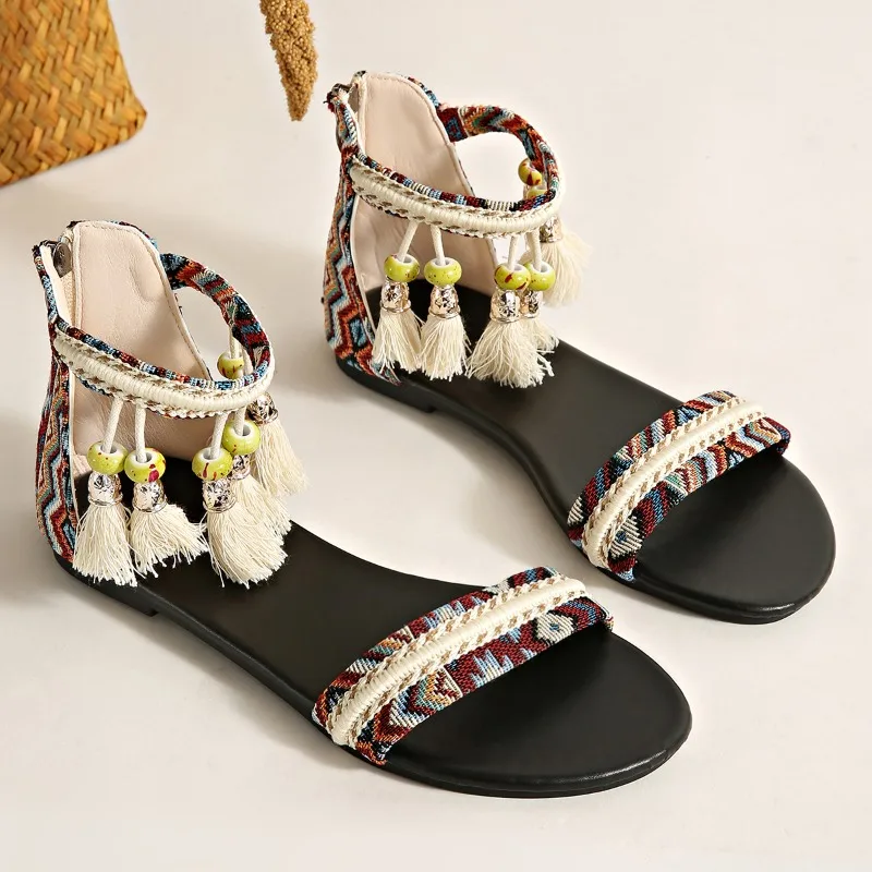 Women Ethnic Geometric Print Tassel Beaded Ankle Strap Sandals Fringe Trim Open Toe Back Zipper Flat Beach Walking Shoes