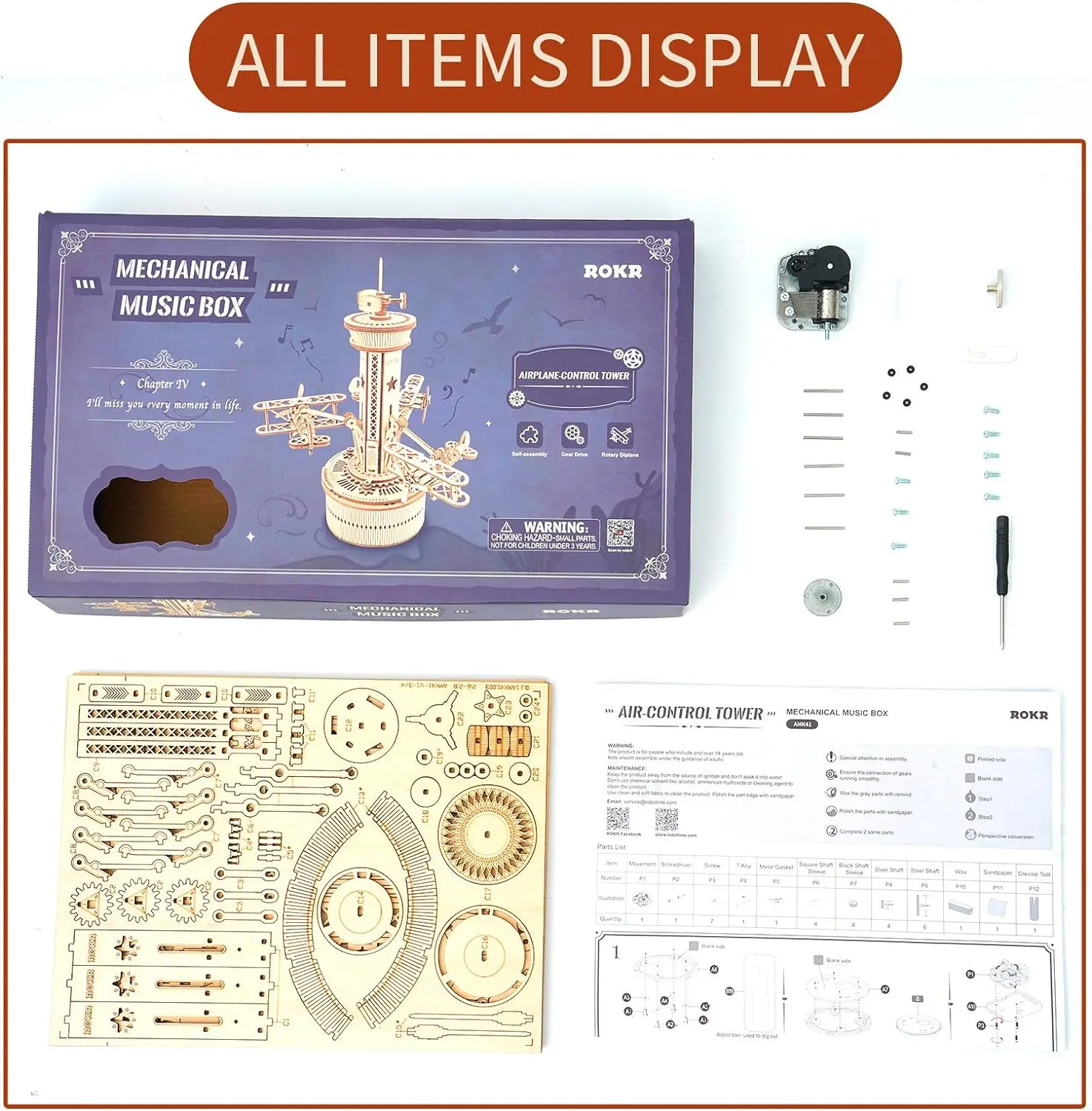 Robotime Rokr 3D Wooden Puzzles DIY Musical Box Model Kit Airplane-Control Tower Model Wooden Puzzle For Teens and Adults