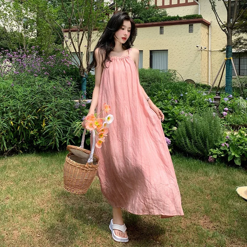 

Pink strap long dress WOMEN'S summer 2025 new beach vacation dress unique design dress