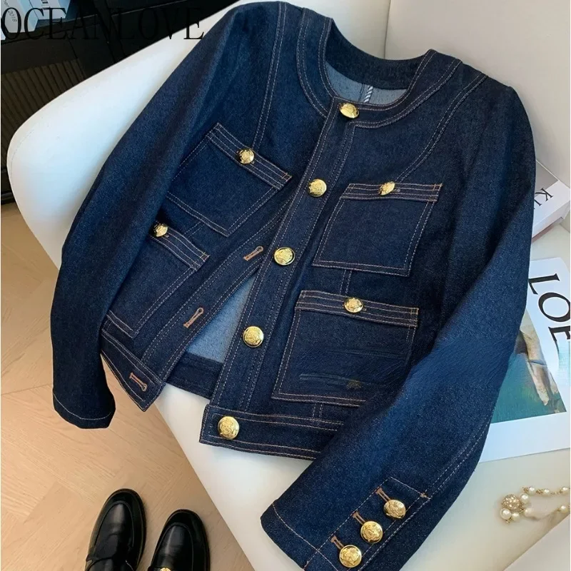 QWERF GFR Denim Jackets for Women Spring Autumn Buttons Vintage Chaquetas Korean Fashion Blue Simple Chic Ropa De Mujer 1988