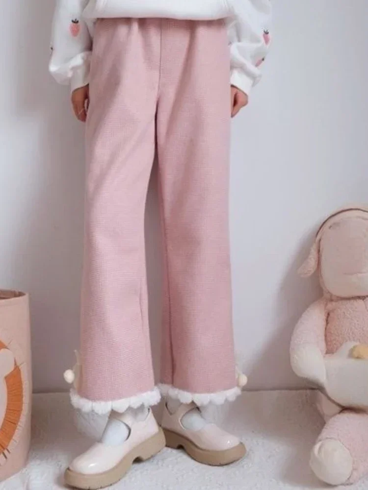 

Зимние теплые милые брюки, женские милые розовые брюки в японском стиле Лолита, женские свободные повседневные корейские прямые штаны с бантом, 2024