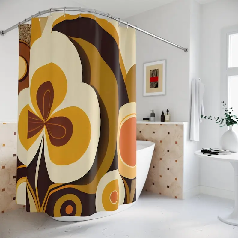 

Groovy Hippie 60s Retro Flower Power Shower Curtains, MCM Funky Yellow, Brown, Beige Boho Bath Decor