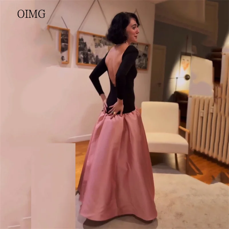 

OIMG Black/Pink Backless A Line Prom Gowns O Neck Long Sleeves Party Gown Floor Length Evening Dress vestidos de gala Customized