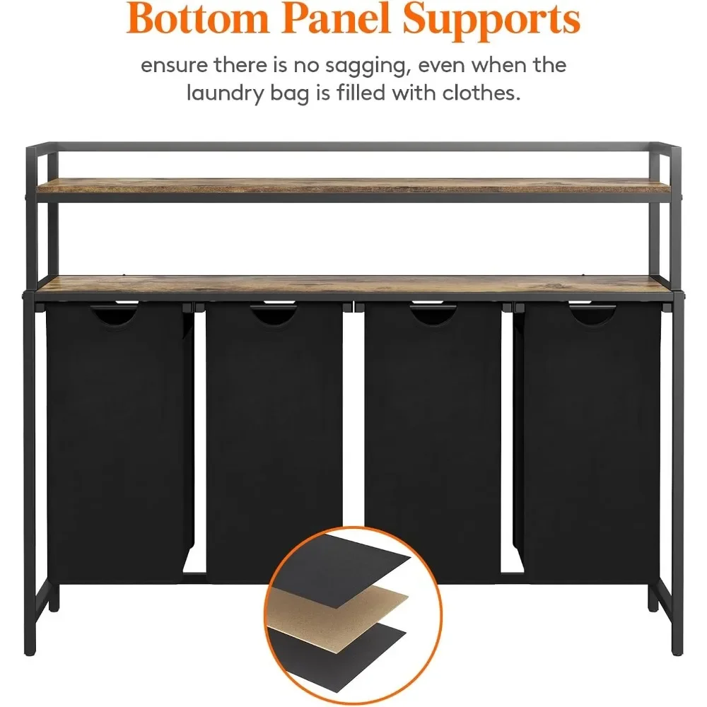 Cesto de roupas mais vendido, 4 seções, 168l, organizador de cesta de roupas para lavanderia, marrom rústico