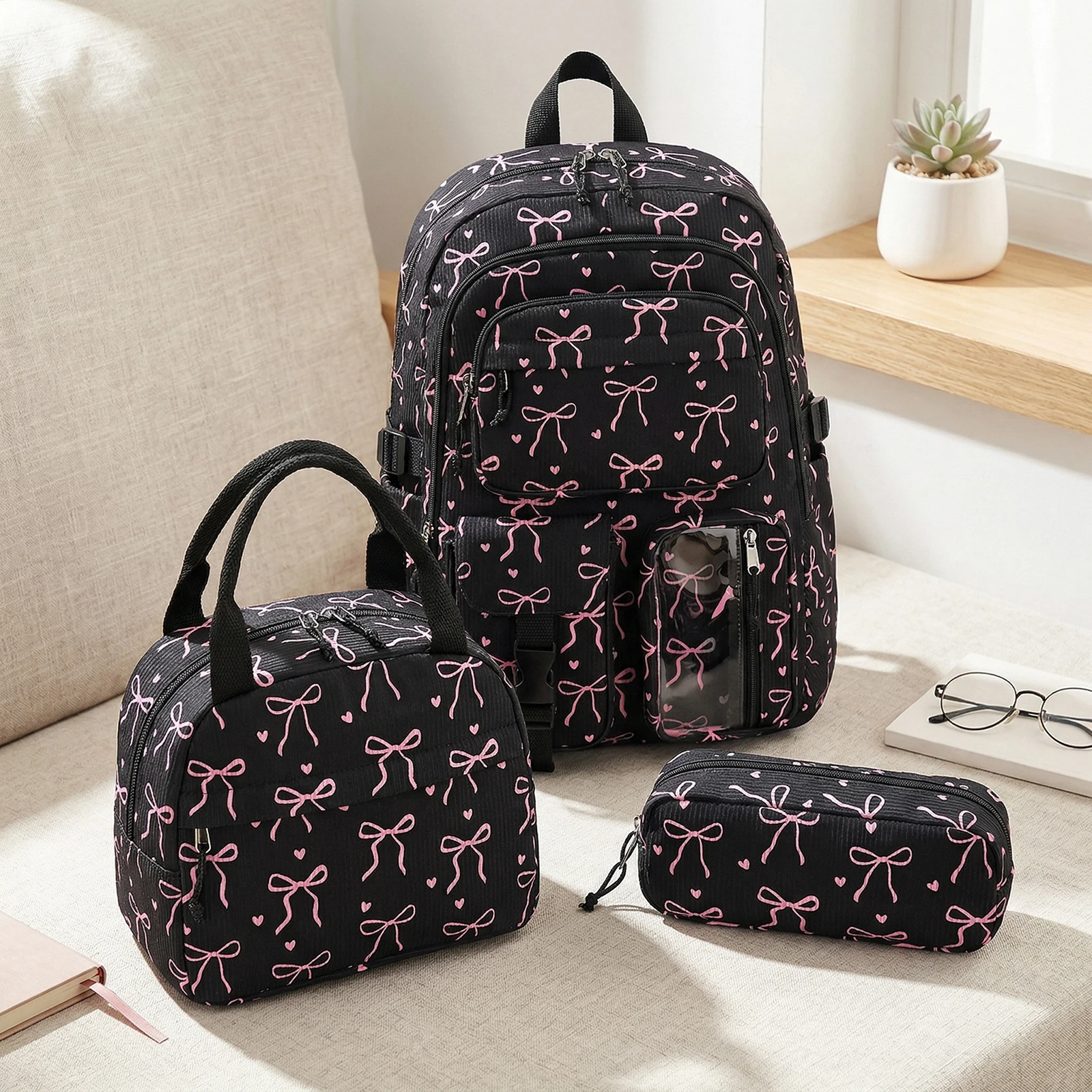 Women Bow Corduroy Bookbag with Lunch Bag and Laptop Backpacks 3 in 1 Bookpack for Elementary Middle Students