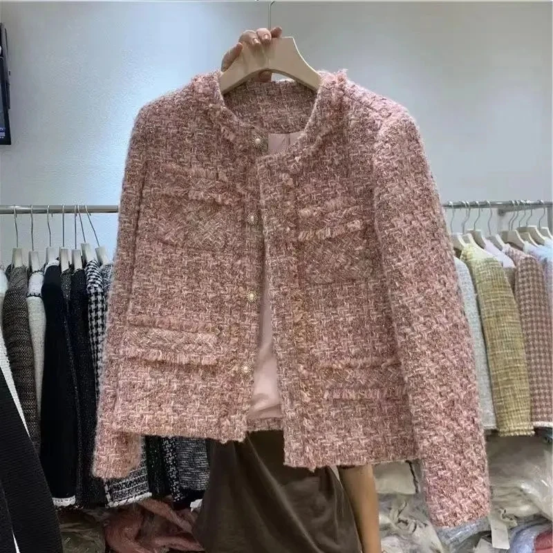 2024 New Spring Autumn Women's Jacket Tweed Small Fragrance Coat Short Korean Fashion Advanced Sense Temperament Tops Cardigan