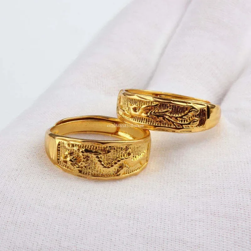 Golden Rings for Men and Women Vintage Dragon Phoenix Couple Lovers Adjustable Ring Wedding Party Birthday Gift Anillos De Bodas