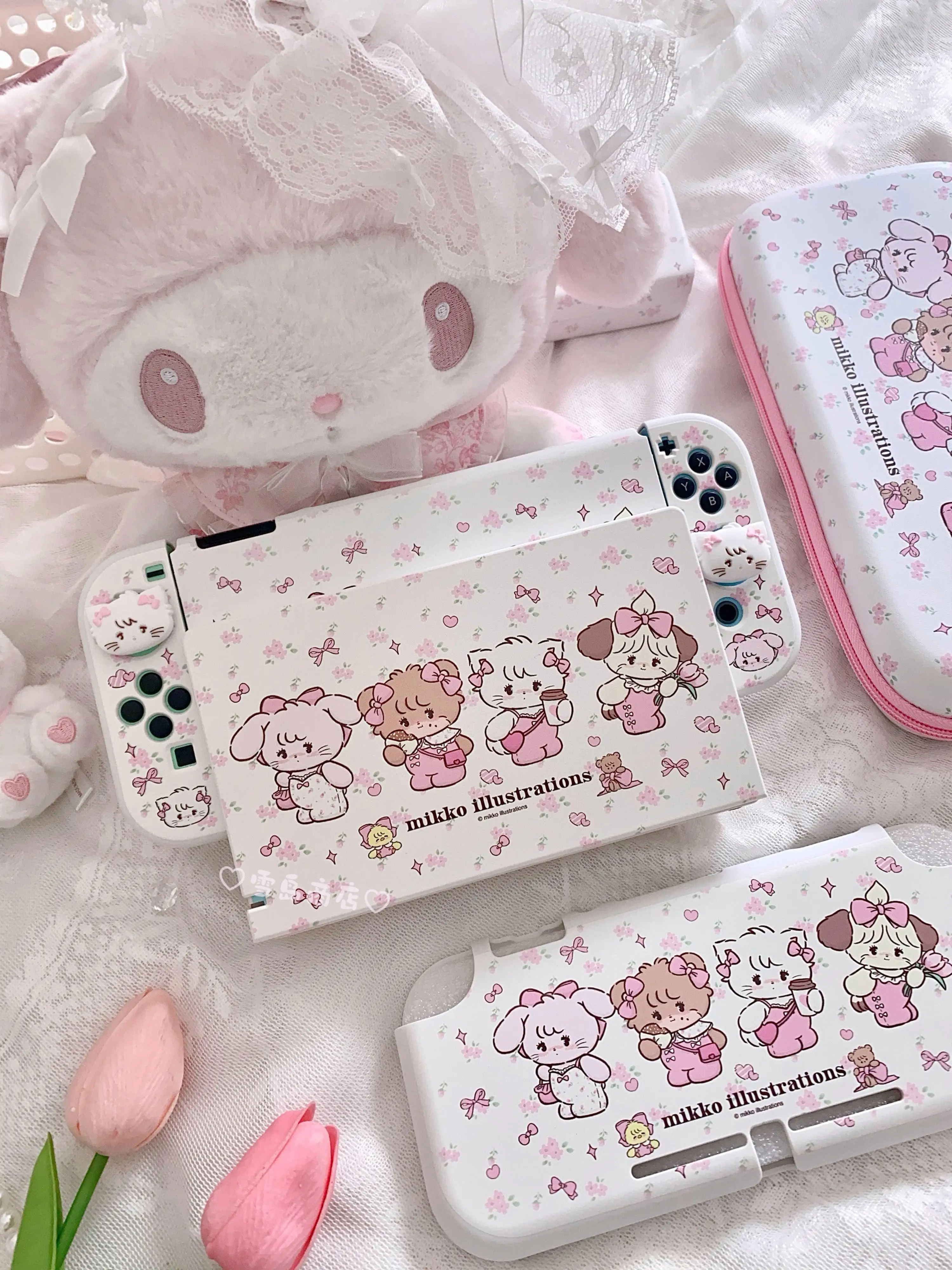 Nintendo Switch OLED Case Kawaii Mikko Funda สีชมพู Dockable เปลือกป้องกันสําหรับ Nintendo Switch Controller Joy-Con