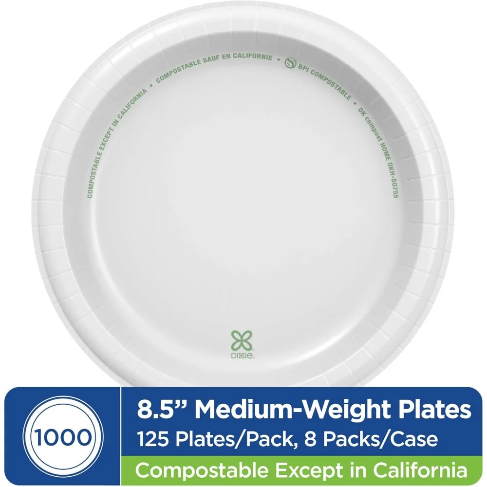 ألواح ورق بيضاء متوسطة الوزن مقاس 8.5 بوصة، عدد 1000، يمكن التخلص منها، 125 طبقًا في كل عبوة، 8 عبوات في كل علبة، مثالية للحفلات و