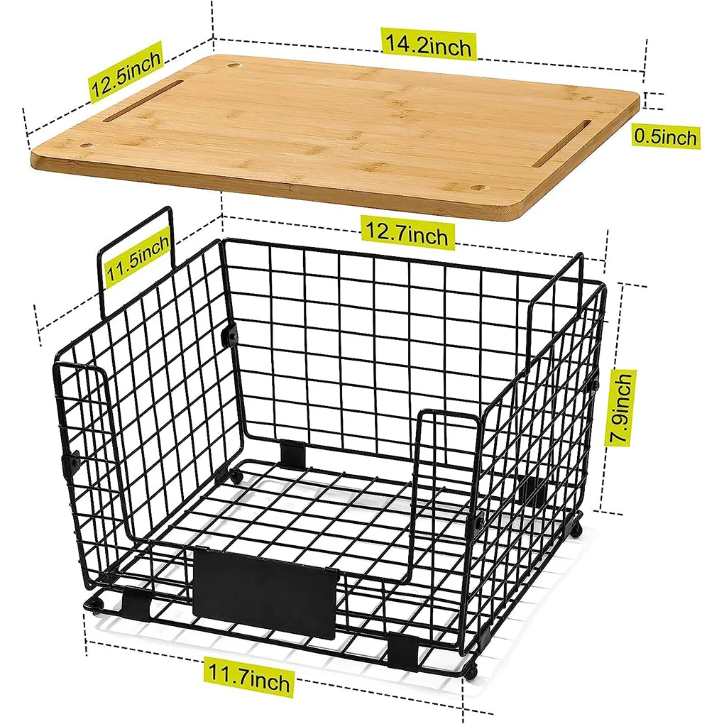 Stackable Wire Basket Pantry Storage Shelf with Bamboo Top Kitchen Counter Fruit Basket for Produce Vegetable Bread Potato Onion