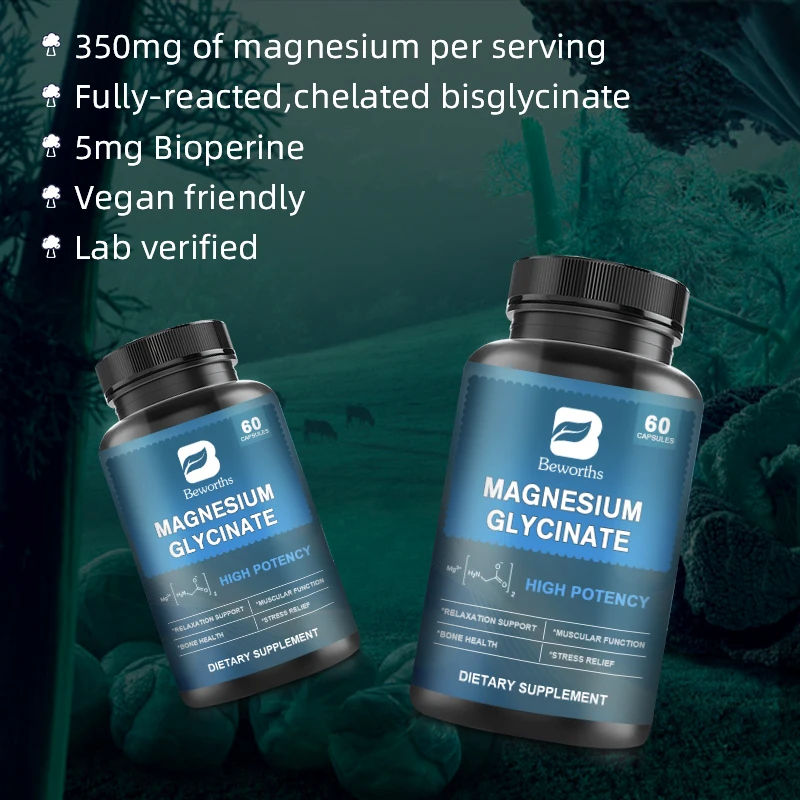 BEWORTHS 60PCS Magnesium Glycine Capsules Double Glycine Chelate for Stress Relaxation, Muscle and Skeletal Health Help Sleep