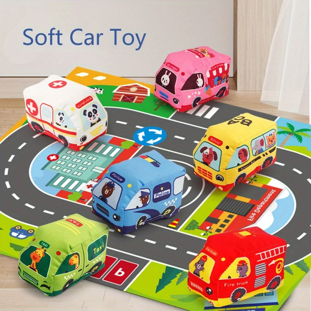 6 Pcs/Set Baby Soft Cloth Traffic Car Toy, Soft, Washable with Playmat/Storage Bag, Suitable for Baby Birthday Holiday Gift Toys