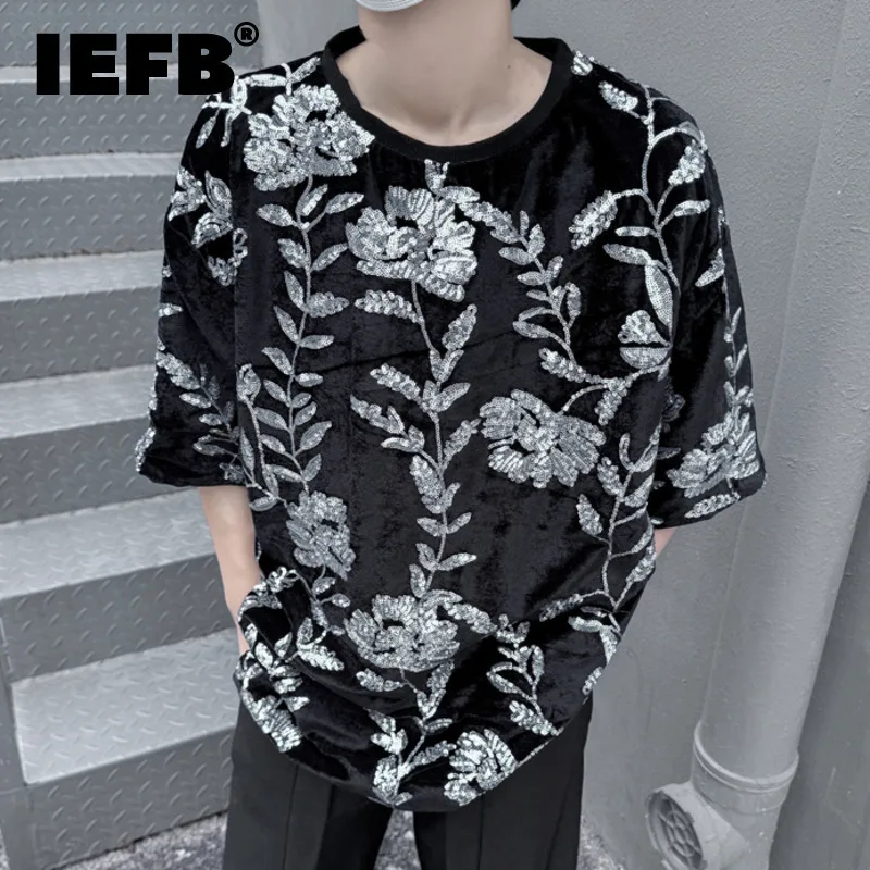 

IEFB Fashion Men's T-shirts Casual Round Neck Short Sleeve Sequins Embroidery Male Pullover Tops Niche Design New Summer 9C6321