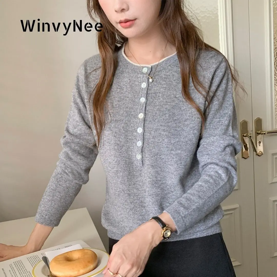 

WinvyNee женская одежда, свитера из 100% шерсти, пуговицы, двухслойные пуловеры с длинными рукавами и круглым вырезом, теплые вязаные топы, осень A1523060