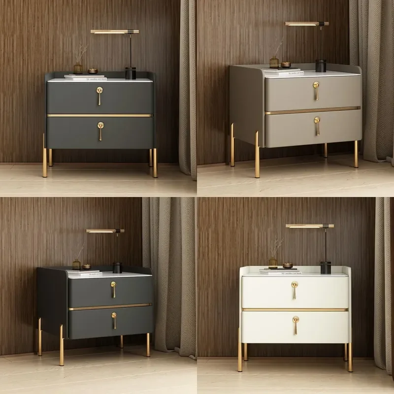 Nordic Solid Wood Nightstand with Marble Top and Leather Soft Bag Storage Modern Bedroom Side Table Cabinet