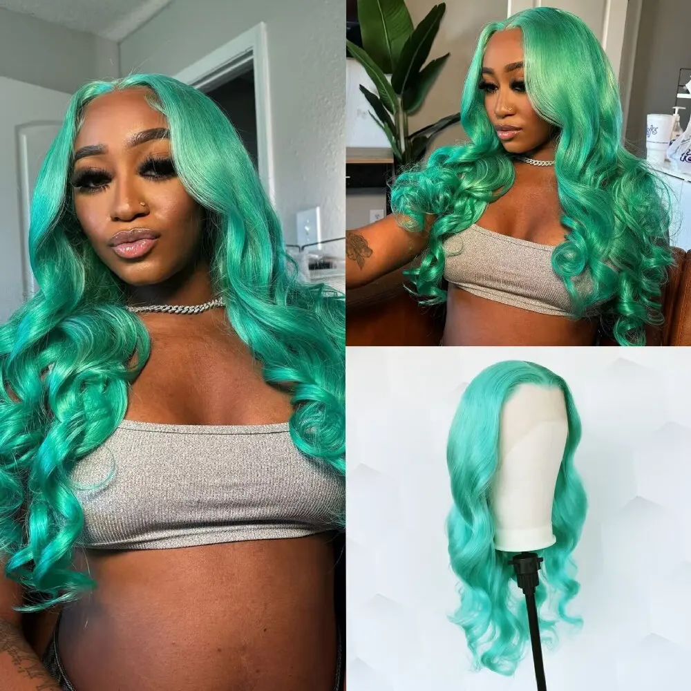 Body Wave Hair HD Pre-Extracted Hairline Real Wigs 13x4 Front Lace Mint Green Wigs Brazilian Native Real Hair High Density Wigs