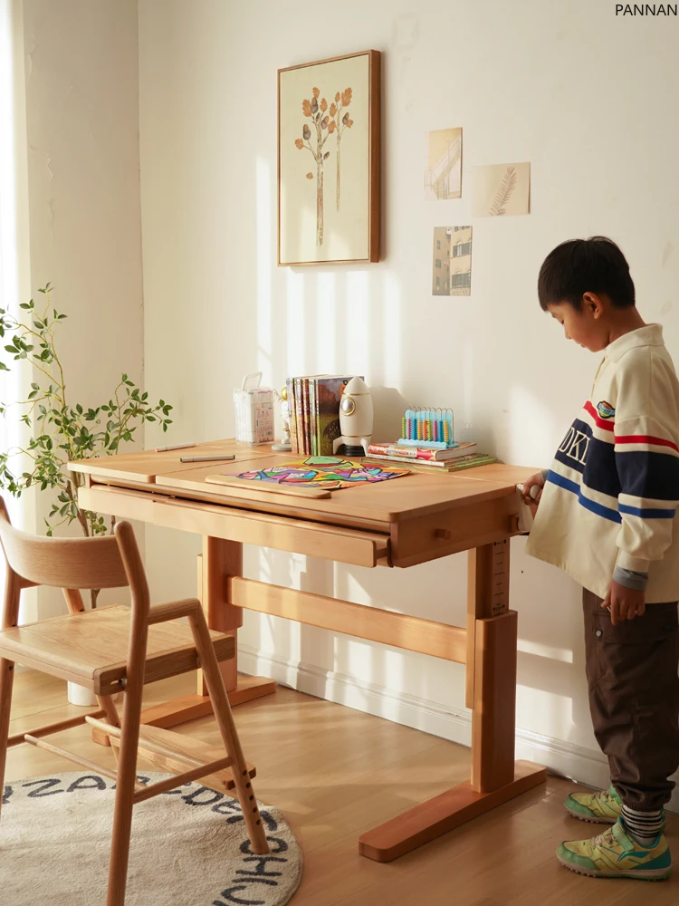 Study desk adjustable, all solid wood adjustable, family desk and chair set, elementary school beech desk