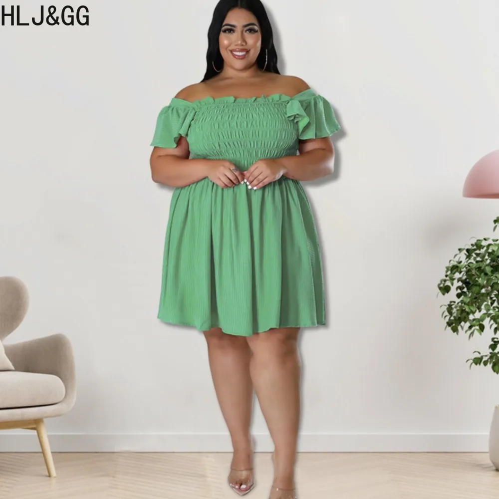 

HLJ&GG Plus Size Women Off Shoulder Ruched A-line Mini Dresses Women Ruffle Short Sleeve Solid Vestidos Female Pleated Clothing