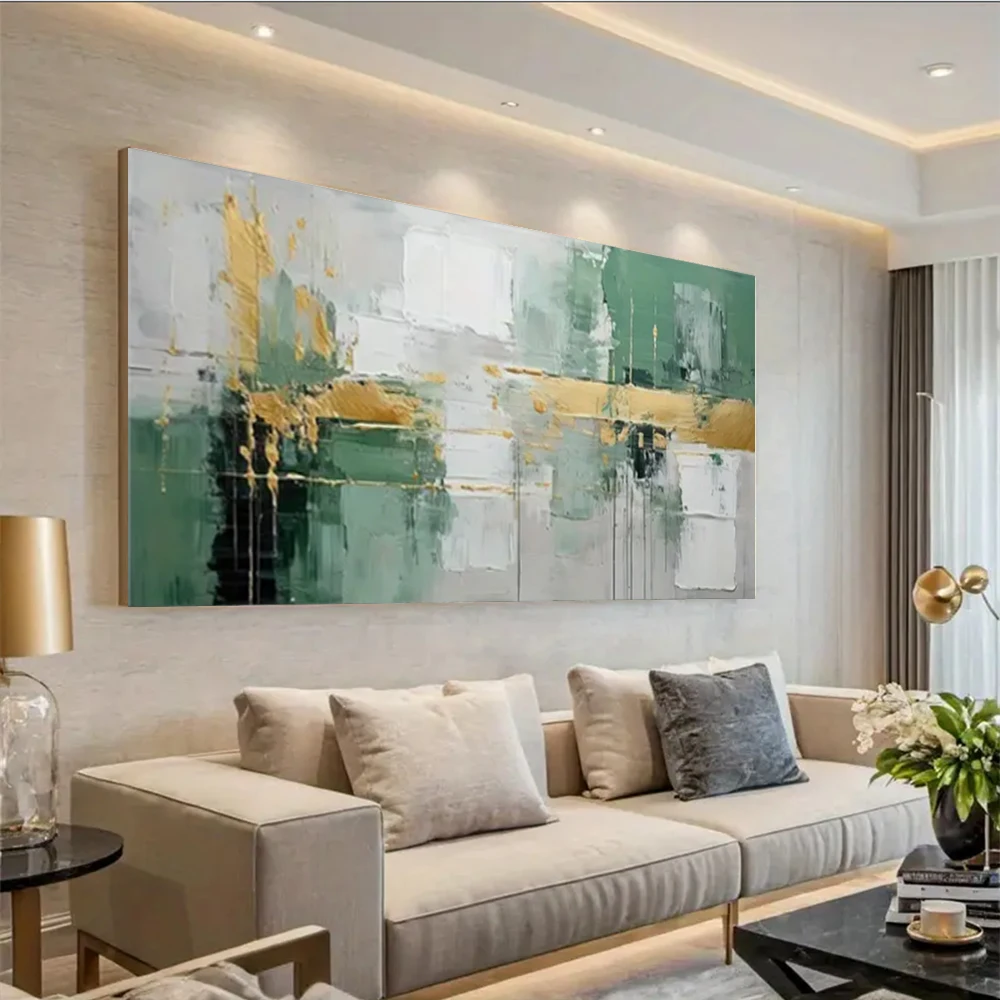 

Handpainted Beautiful Oil Painting Abstract Wall Painting On Canvas Large Modern Decor Artwork Golden And Blue Outline Lake View