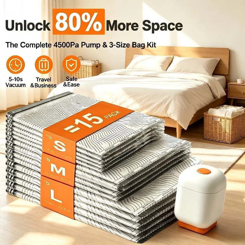 15Pack Vacuum Storage Bags Reusable Compression Bags with Electric Pump Moisture Dust Proof for Travel Home Bedding Clothes