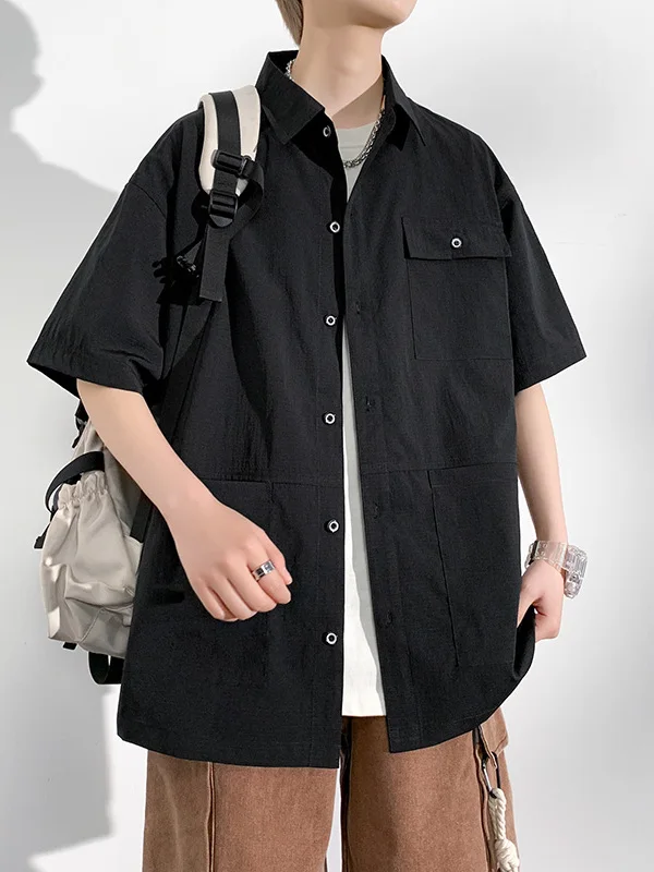 Loose Fit Men's Shirt Summer New Style Black Hong Kong Style Jacket plus Size Workwear Shirt Breathable Thin Polyester Fabric