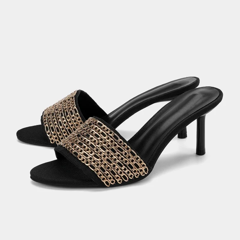 

Women Chain Decor High Heel Slippers Open Toe Slip On Sandals Fashion Metal Chain Mule Heels Party Evening Dress Shoes