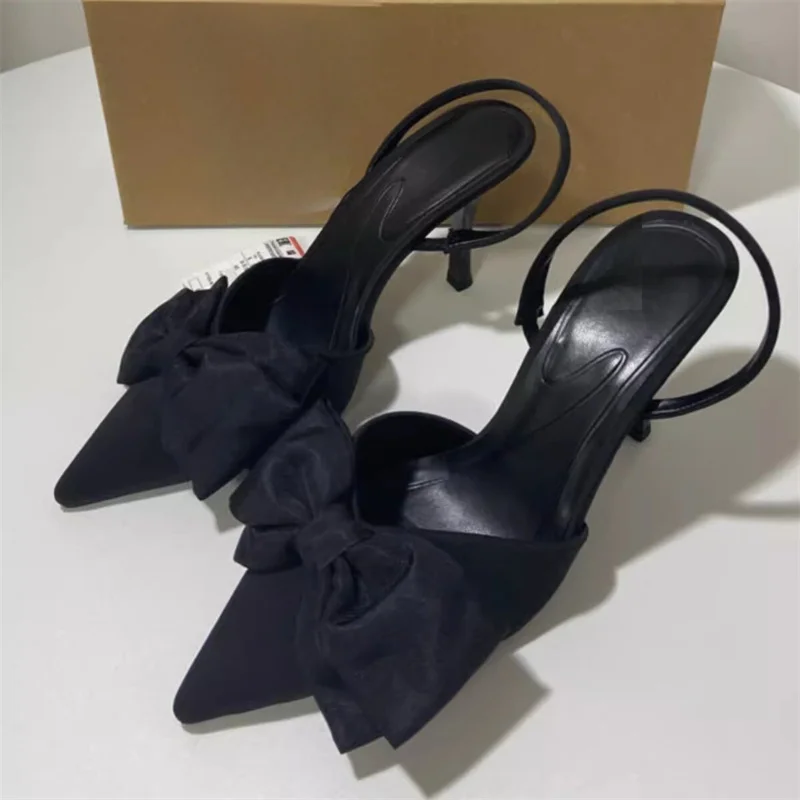 

TRAF Woman Black Bow High Heels Sexy Pointed Toe Stiletto Shoes 2024 Autumn Female Elegant Shallow Mouth Heeled Slingback Pumps