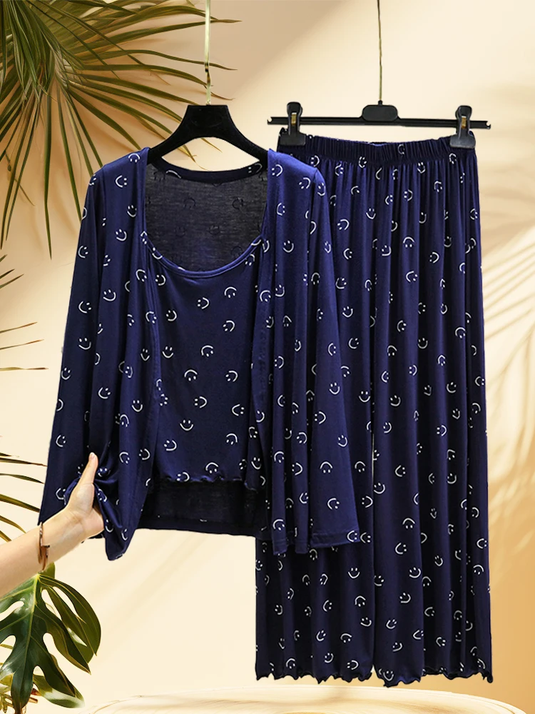 

Early Autumn Women's Modal Sleepwear Three-Piece Set Casual Long Sleeve Home Clothes Loose Fit Comfortable Large Size Outfit