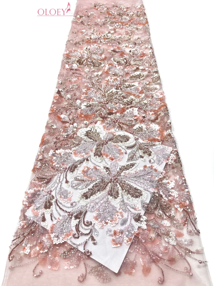 

OLOEY Fashion Nigerian Groom Embroidery Beaded Lace Fabric Elegant African Sequins Mesh Lace Fabric For Bridal Party Dress Sewin