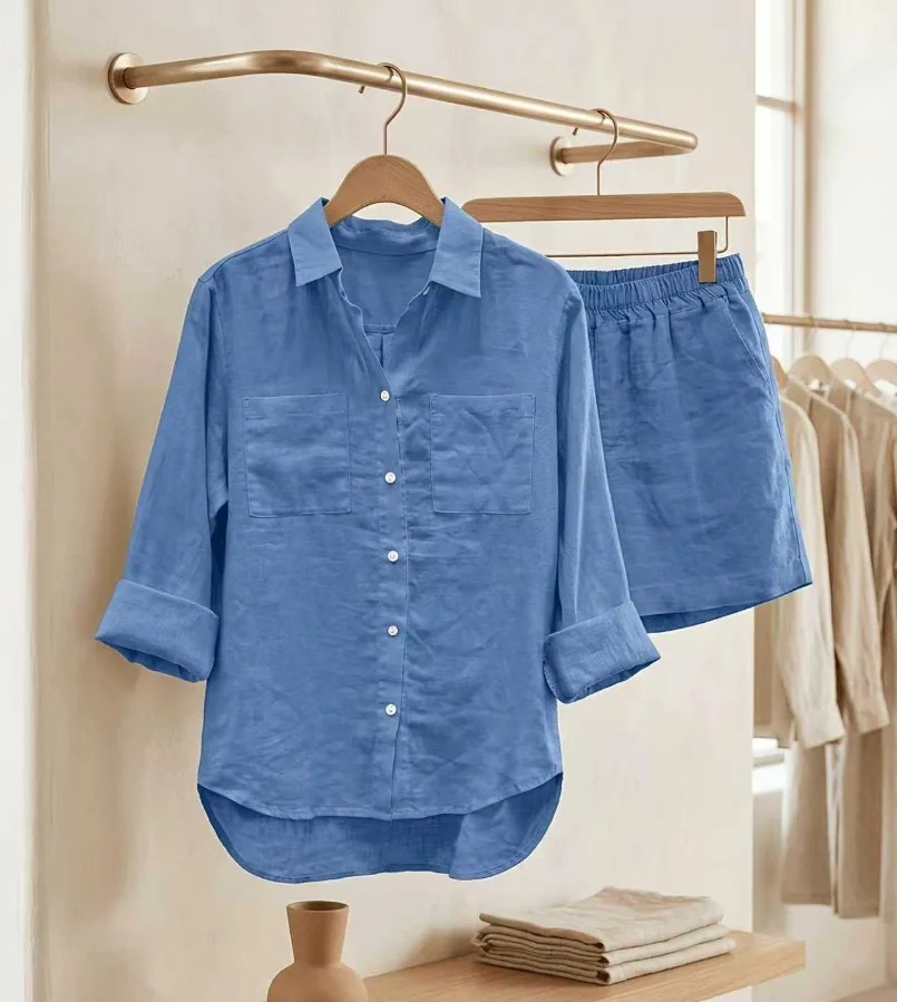 Summer Cotton Linen Casual Home 2 Piece Set For Women  Fashion White Long Sleeve Shirt And Shorts Two Piece Sets Tracksuit