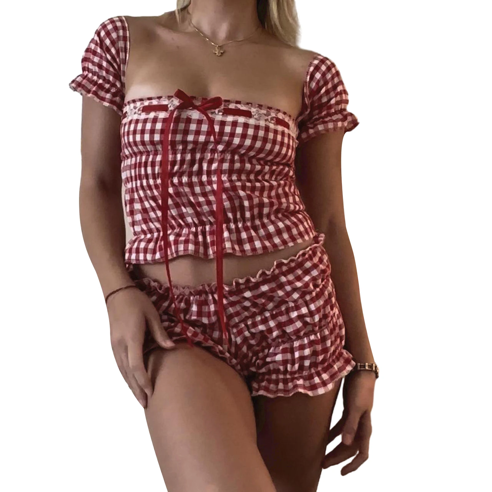 Women's Red and White Shorts Outfits 2000s Plaid Lace Trim Tie-Up Square Neck Short Sleeve Tops and Shorts 2 Pieces Clothes Set