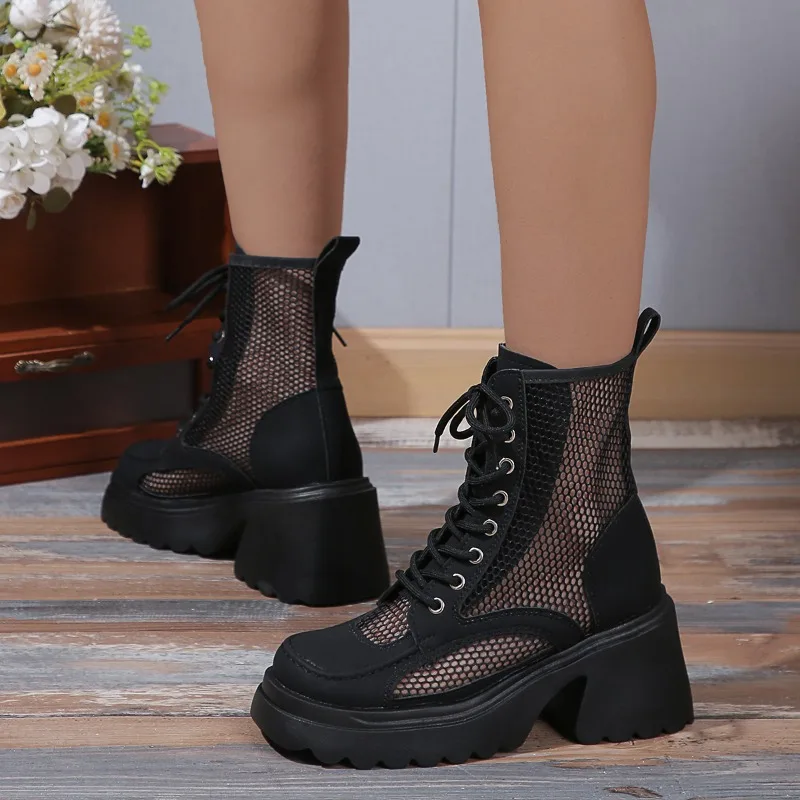 Ladies Summer Boots 2026 Summer Fashion Casual New Breathable Mesh Round Head Low Heel Lace-up Fashion Boots Work Boots