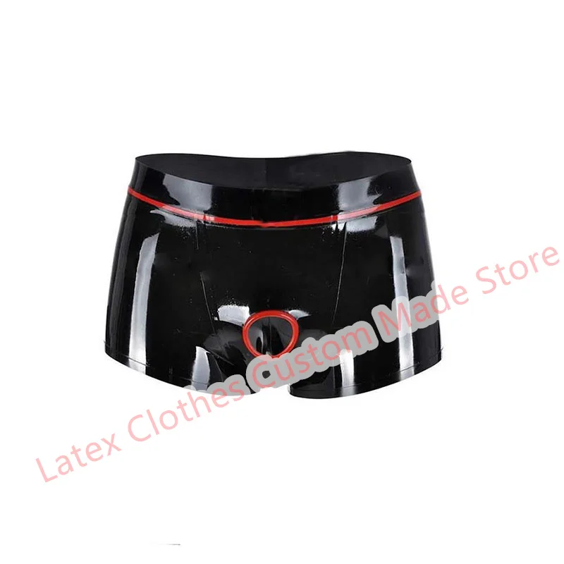 Latex Shorts Panties Black with Red Trim Open Front Hole Rubber Underwear for Men Wear