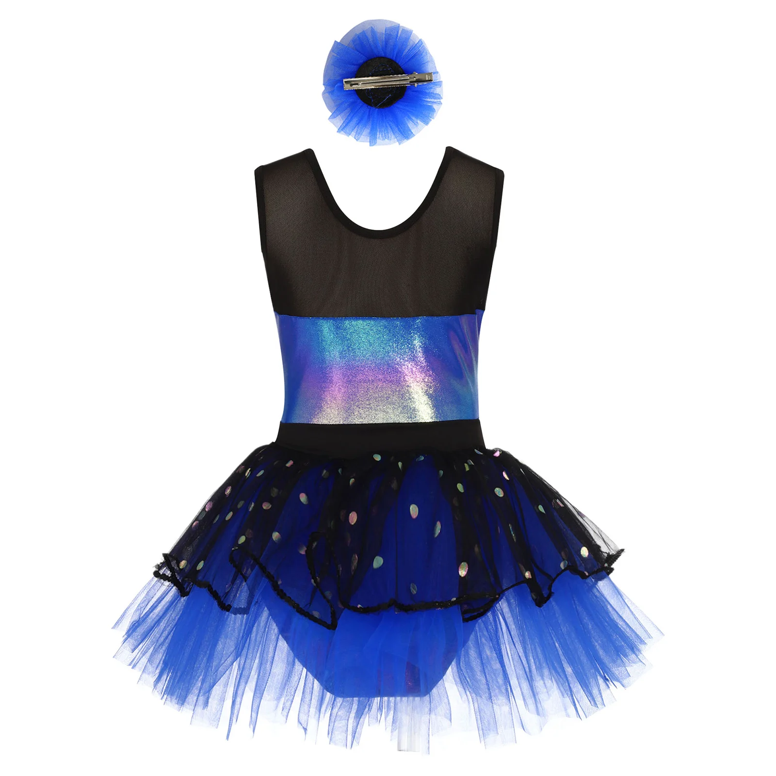 Vestido tutú de Ballet con corpiño metálico de malla transparente sin mangas para niña y niño con tocado para fiesta de baile puesta en escena